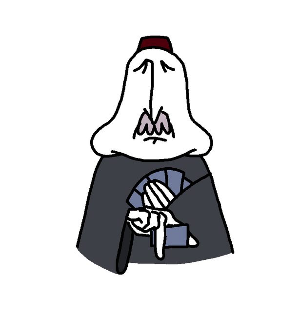 an older man wearing a fez and has a light bushy mustache, holding cards. this time, he's taking a card out