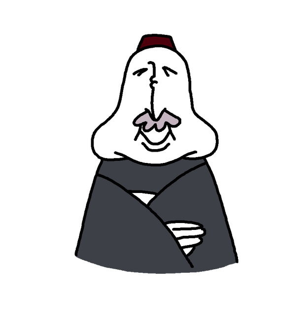 an older man wearing a fez and has a light bushy mustache, holding cards. this time, he's chuckling