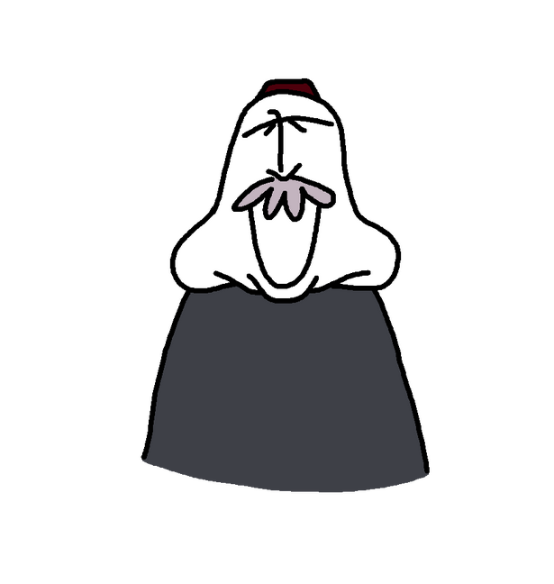 an older man wearing a fez and has a light bushy mustache, holding cards. this time, he's laughing, head back