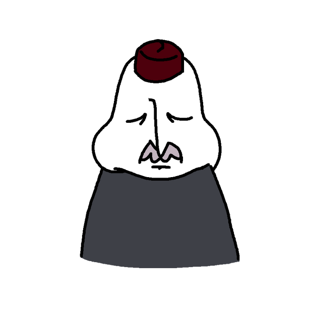 an older man wearing a fez and has a light bushy mustache, holding cards. this time, his head is down